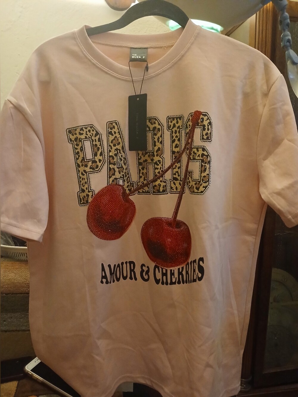 Pale Pink "PARIS" Cherry Graphic Tee XL